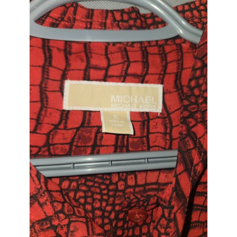 ​MICHAEL KORS Red Black Crocodile Print Blouse Women's Size Small S Long Sleeve